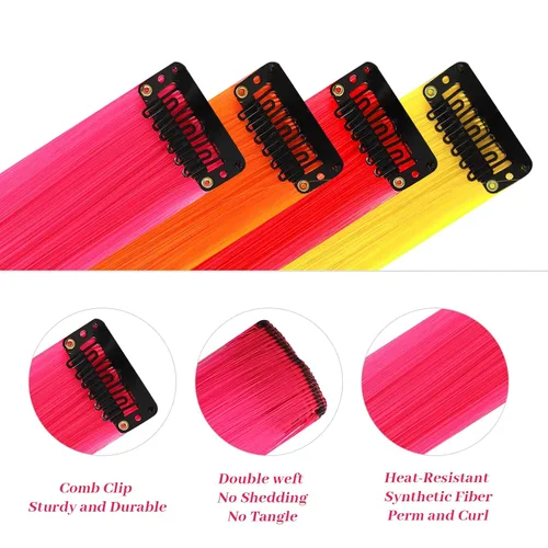 Miniatura 4 de 12 extensiones de cabello sintético lacio de colores de 22 pulgadas con pinza, para fiestas, para mujeres, niños y niñas, rosa C Rosa intenso