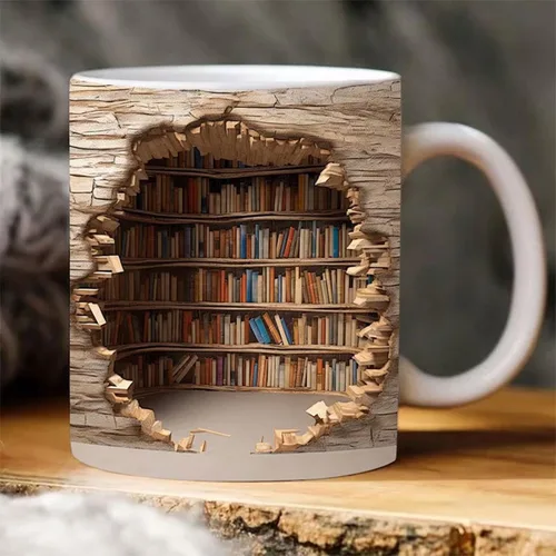 Miniatura 13 de Taza de café 3D con agujero en una pared de 11 onzas, diseño de estante de biblioteca, taza multiusos para el espacio creativo, regalo