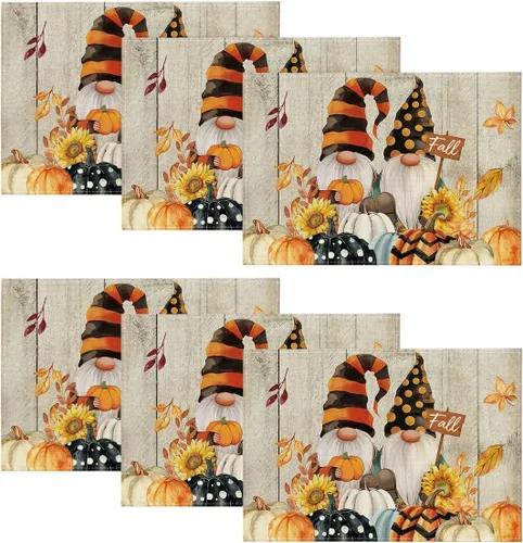 Miniatura 8 de Artoid Mode Juego de 4 manteles individuales de otoño con diseño de calabazas de gnomos, 12 x 18 pulgadas, manteles individuales de temporada
