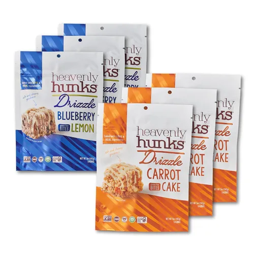 Caja de Variedad de Drizzle de Heavenly Hunks - Bolsas de 5oz (Paquete de 6) Drizzle Pastel de Zanahoria y Galletas de Limón y Arándano
