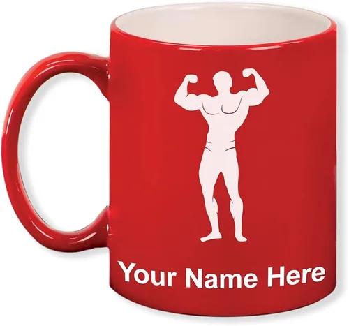 Miniatura 8 de LaserGram Taza de café redonda de cerámica de 11 oz, culturista, grabado personalizado incluido (negro)