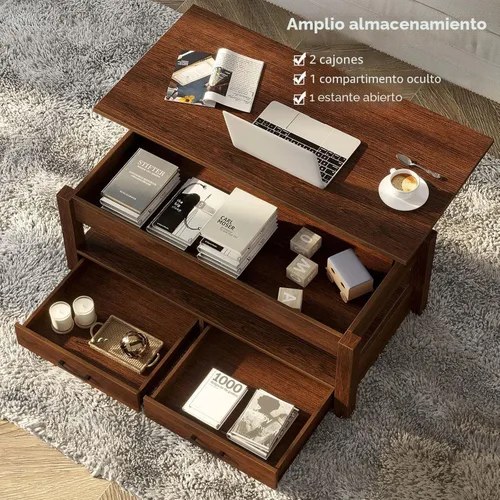Miniatura 5 de Rolanstar - Mesa auxiliar, mesa de centro con cajones y compartimento oculto, mesa central retro con tablero de elevación de madera, para sala