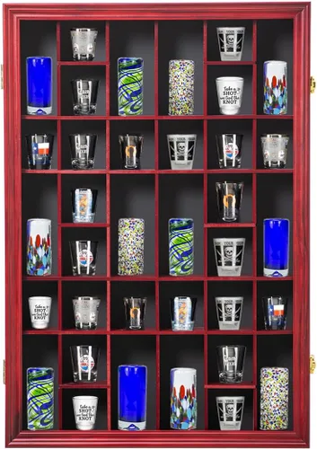 Miniatura 6 de Vitrina para Vasos de Chupito, Gabinete Grande de Madera, Soporte Montado en Pared, Caja de Sombra de Caoba con Cerradura y Protección UV, Puerta