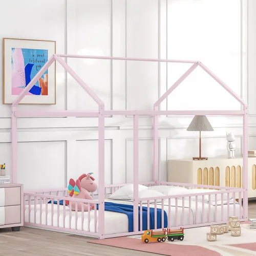 Miniatura 19 de Cama de metal de tamaño matrimonial con valla para niños, adolescentes, niñas, niños, cama de piso de casa, camas Montessori, se puede decorar marco