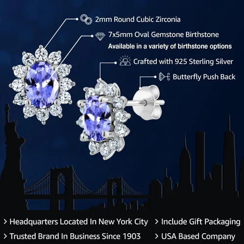 Miniatura 142 de Gem Stone King Aretes ovalados de plata de ley 925 de 0.276 x 0.197 in con piedra natal de la princesa Diana, estilo halo real para mujeres