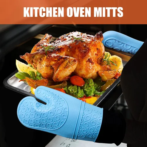 Miniatura 5 de Guantes de horno de silicona resistentes al calor, impermeables, mango flexible, lavable para comida caliente, color azul, extra largo