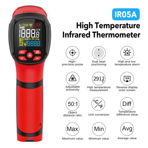 Miniatura 2 de 40℉~2912℉ Termómetro infrarrojo MESTEK Pistola de alta temperatura, termómetro láser dual 50:1/sonda K de 14°F a 932°F, pistola de temperatura IR
