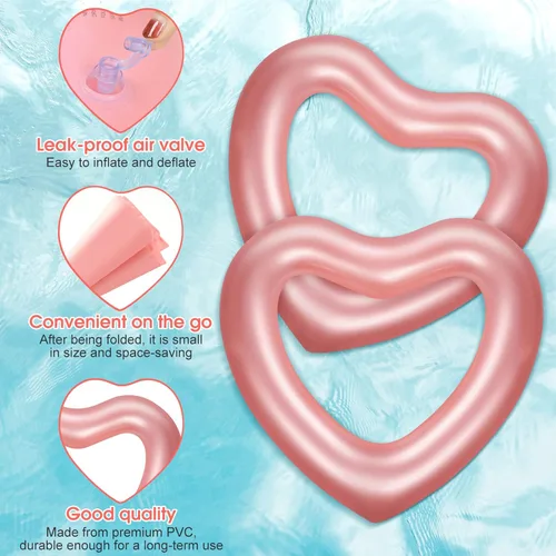 Miniatura 3 de Sumind Flotador de piscina de corazón de 2 piezas, 47.3 x 39.4 pulgadas, anillos de natación inflables para despedida de soltera, tubo flotador, Oro