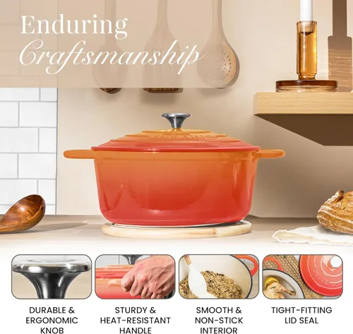 Miniatura 6 de Nuovva Olla Holandesa de Hierro Fundido Esmaltado con Tapa – Cazuela Antiadherente de 6.4 Cuartos – Resistente y Apta para Horno hasta 500°F
