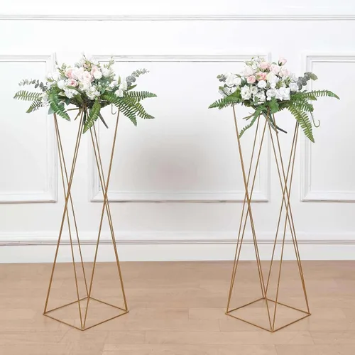 Miniatura 8 de Efavormart - Juego de 2 centros de mesa de 32 pulgadas con marco de metal entrecruzado geométrico dorado, soportes de flores con pedestal de columna