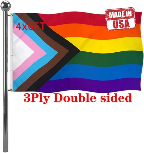 Miniatura 9 de Jayus Bandera de arco iris de doble cara inclusive Progress Pride de 2 x 3 para exteriores, banderas de arcoíris LGBTQ resistentes con 2 ojales