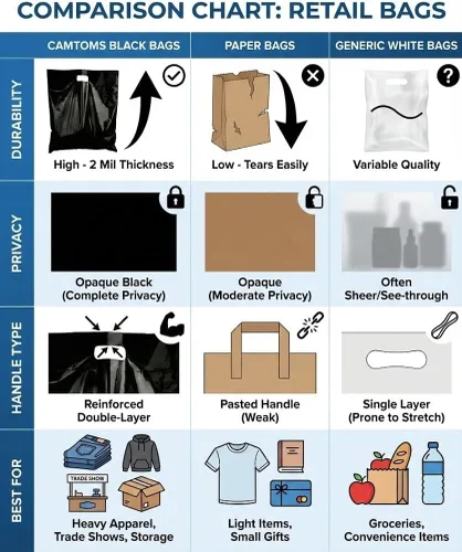 Miniatura 7 de Bolsas de plástico grandes de 16 x 18 pulgadas con asas, bolsas de plástico grandes con asas, paquete de 100 bolsas de mercancía negras gruesas