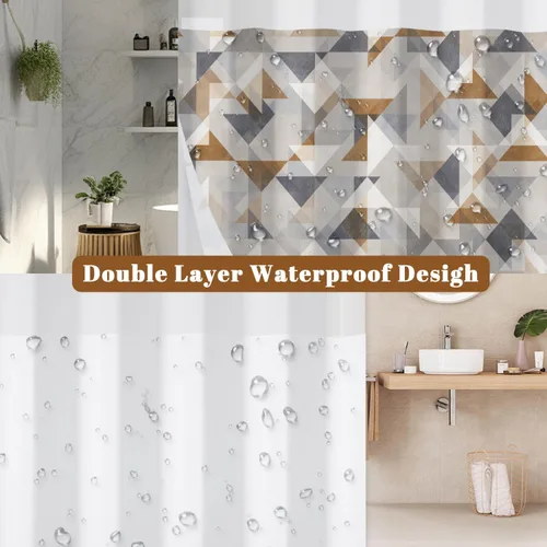 Miniatura 4 de No Hook Geometric Shower Curtain with Snap in Liner - 71″W x 74″L Waterproof Fabric with Mesh Top Window, Modern Abstract Triangle Design Bath
