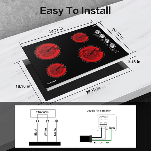 AMZCHEF Placa eléctrica de 30 pulgadas, integrada con 4 quemadores máx. 7000 W con tapa de cerámica de vidrio de 30 pulgadas, control de perilla,