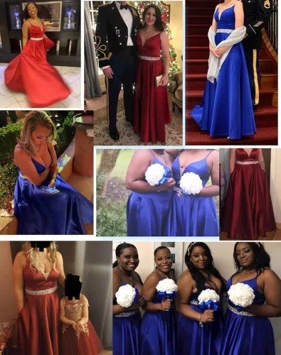 Miniatura 7 de Yexinbridal Vestido de fiesta con tirantes delgados con purpurina y cuentas largas de satén con cuello en V