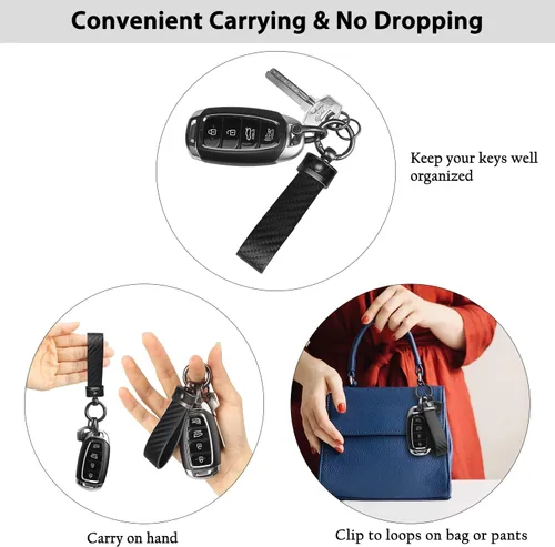 Miniatura 2 de QBUC Llavero de coche estilo fibra de carbono, llavero portallaves de cuero de microfibra para hombres y mujeres, con giratorio de 360 grados, Negro