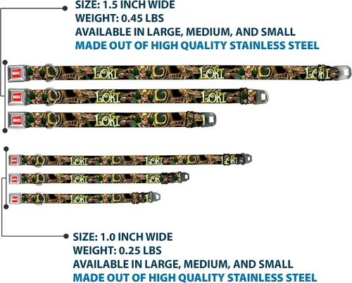 Miniatura 3 de Collar de perro hebilla de cinturón de seguridad Loki Poses Negro Oro Verde 9 a 15 pulgadas 1.0 pulgadas de ancho