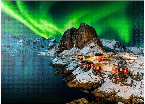 MyPuzzle Aurora Borealis Over Hamnoy in Norway - Rompecabezas prémium de 1000 piezas para adultos