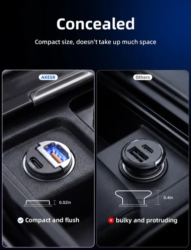 Miniatura 2 de AKESR Cargador de coche USB C de 65 W de carga rápida, accesorios de salida USB de 12 V para Carro, adaptador compacto para encendedor