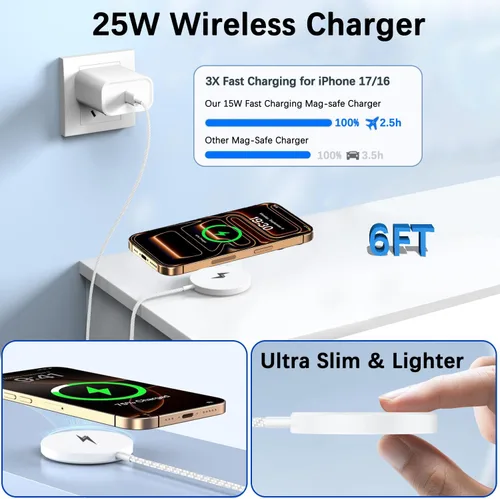 Miniatura 3 de [Certificado Apple MFi] Cargador inalámbrico magnético de 25 W para iPhone 17 16 de carga rápida, cargador rápido Apple Mag-Safe de 6 pies