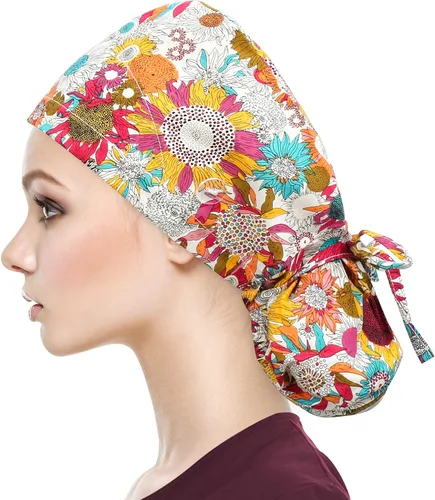 Miniatura 31 de QBA Gorra de trabajo ajustable con botón, gorro forrado de satén, gorro de trabajo de algodón, banda elástica para atar en la espalda, unisex Pt