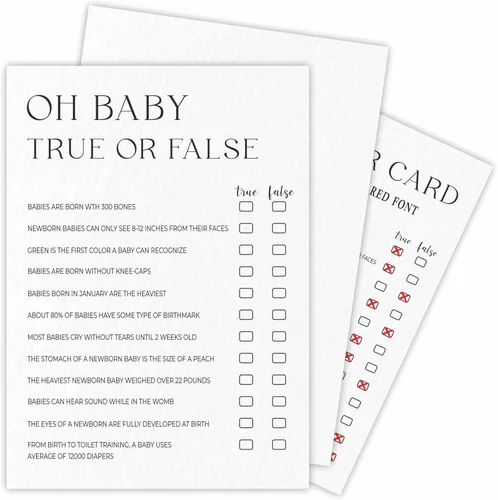 Oh Baby! Juego verdadero o falso para baby shower, minimalismo blanco perla, 30 tarjetas de juego de relleno en blanco con 1 tarjeta de respuesta