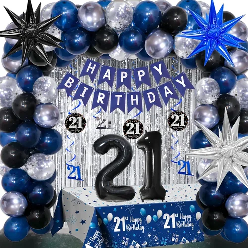 Miniatura 11 de Decoraciones de cumpleaños número 10 para niños y niñas, color azul oscuro, doble dígitos con pancarta de feliz cumpleaños, mantel de globos de 10