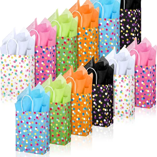 Patelai 30 bolsas temáticas de lunares con papel de seda y asas, coloridas bolsas de papel kraft para regalos de fiesta de cumpleaños, boda, baby