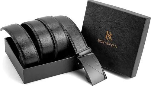 Miniatura 7 de BOSTANTEN Cinturón de cuero con trinquete para hombre con hebilla ajustable deslizante, corte para adaptarse, Negro