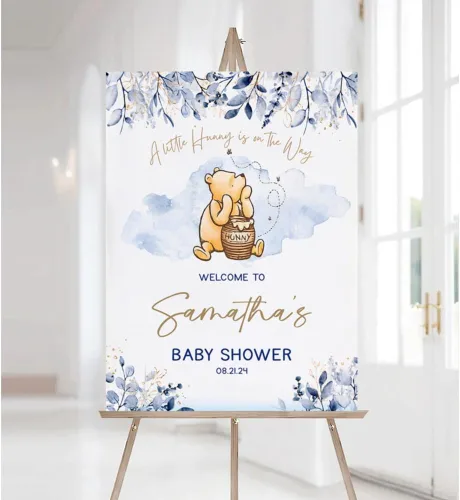 Miniatura 17 de Letrero de bienvenida personalizado de Pooh, cartel de bienvenida al baby shower, baby shower de oso Pooh, revelación de género, decoraciones