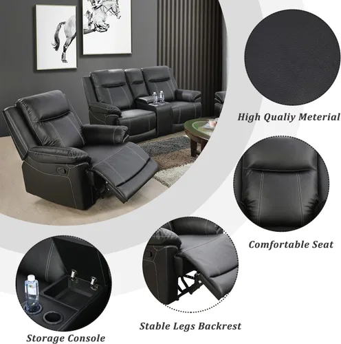 Miniatura 4 de Muebles de sala de estar, sofá reclinable de cuero, sofá reclinable manual con portavasos para casa/dormitorio/oficina/apartamento (negro/1 pieza)