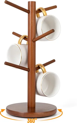 Miniatura 8 de MyLifeUNIT Árbol Portatarjetas, Soporte para Tazas Giratorias 360° con 6 Ganchos, Organizador de Soporte para Tazas de Café de Madera para Encimera