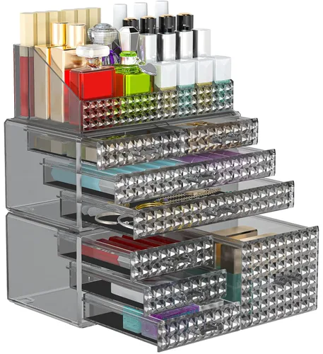 Miniatura 9 de Paquete de 3 organizadores de maquillaje apilables [actualizados], estuches de almacenamiento de cosméticos acrílicos con 8 cajones organizadores
