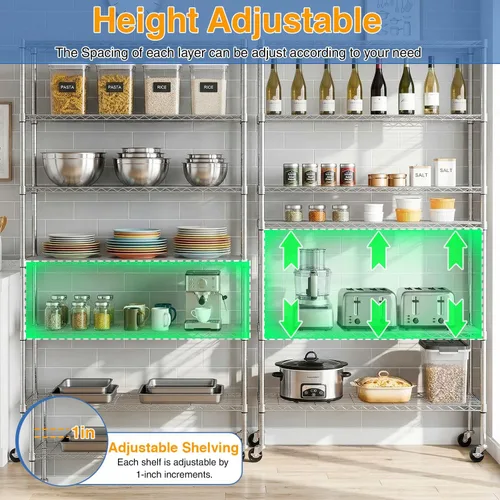 Miniatura 6 de BestOffice Estante de alambre de 6 niveles con ruedas 48 x 18 x 82 pulgadas Cromado Estantes ajustables Estantes de almacenamiento de alta