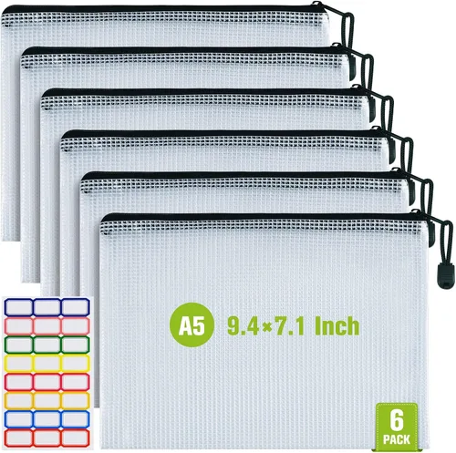 Miniatura 14 de Bolsa de malla con cremallera, 6 bolsas de malla de plástico impermeable con cremallera, bolsa de documentos de tamaño B4, bolsas extra grandes