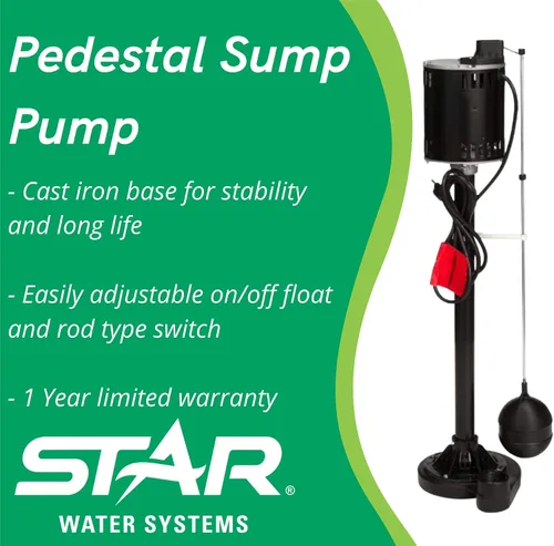 Miniatura 4 de Star 5CHD ½ HP Bomba de sumidero de pedestal de hierro fundido con interruptor de varilla flotante de encendido/apagado ajustable, bomba de columna