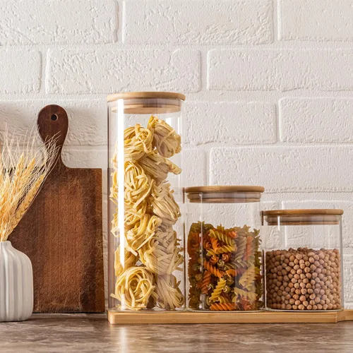 Miniatura 5 de SHOWIN Tarros de almacenamiento de pasta de vidrio de 73 onzas, tarros altos de vidrio con tapas de bambú, contenedor de espagueti, juego de 3