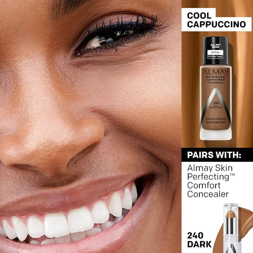 Miniatura 6 de Almay Skin Perfecting Comfort Base Mate, Hipoalergénica, Libre de Crueldad-Sin Fragancia, Maquillaje Líquido Probado por Dermatólogos, Capuchino