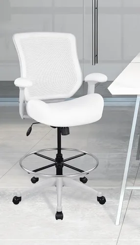 BOLISS Silla de dibujo ergonómica de malla de 400 libras, silla de oficina alta, silla de escritorio de pie, reposabrazos ajustable en altura, Blanco
