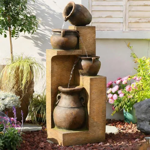 Miniatura 12 de Bumilgar - Fuente de agua de 2 niveles con luces LED, fuente de cascada de 27.95" de altura, independiente para jardín al aire libre