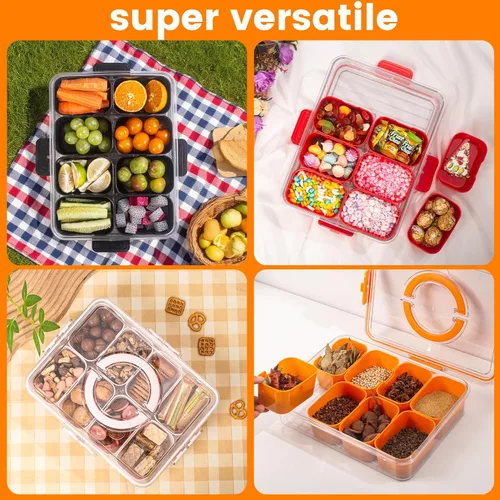 Miniatura 5 de Dingerjar Bandeja dividida para servir con tapa y asa - Snackle Box Contenedor de charcutería para bandejas de aperitivos portátiles, organizador