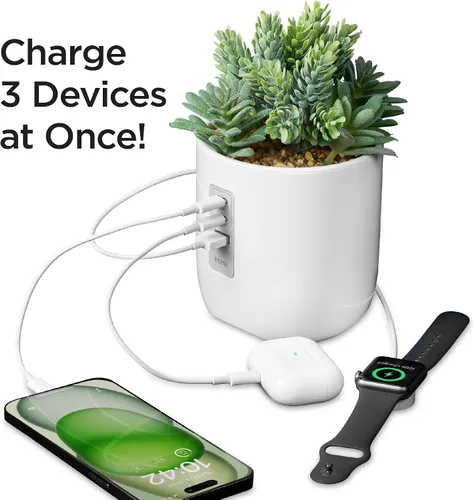 Miniatura 3 de iHome PowerPlant - Estación de carga, suculentas falsas con estación de carga USB para iPhone, Android y más, color blanco (iPP45)