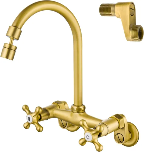 Airuida Grifo de cocina de montaje en pared con rociador, grifo de fregadero de cocina montado en la pared, manijas dobles cruzadas, boquilla