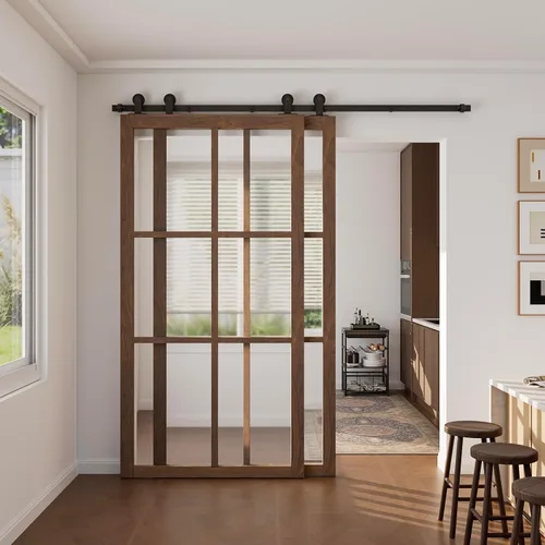 Miniatura 2 de CCJH Kit de herrajes para puerta corrediza de granero de 4 pies para 2 puertas, sistema de riel de un solo riel deslizante suavemente silencioso