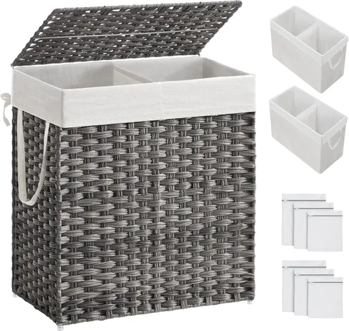 SONGMICS Cesta de lavandería con tapa, cesta de ropa de 110 litros con 2 bolsas de forro extraíbles, 6 bolsas de malla, canasta de mimbre para Gris