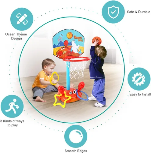 Miniatura 2 de Aro de baloncesto para niños pequeños, juego de juguetes deportivos 2 en 1 para niños, juego de lanzamiento de anillos con sonido musical, aro