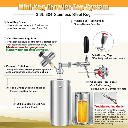 Miniatura 3 de Mini cultivador de barril de 128 onzas con grifo ajustable, sistema de grifo de cerveza de acero inoxidable a presión, sistema dispensador
