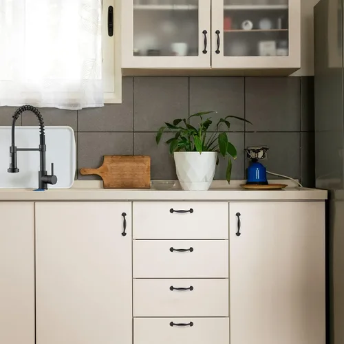Miniatura 5 de Ravinte - Paquete de 5 manijas sólidas de gabinetes de cocina de 3 pulgadas con arco redondeado, color negro mate, tiradores curvos negros, manijas