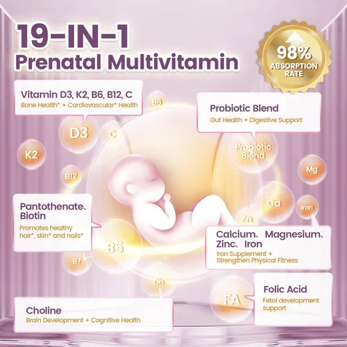 Miniatura 3 de VivoNu Vitaminas prenatales para mujeres, vitamina D3, K2, B6, B12, C con ácido fólico, DHA, colina, probióticos, hierro, calcio, zinc y magnesio