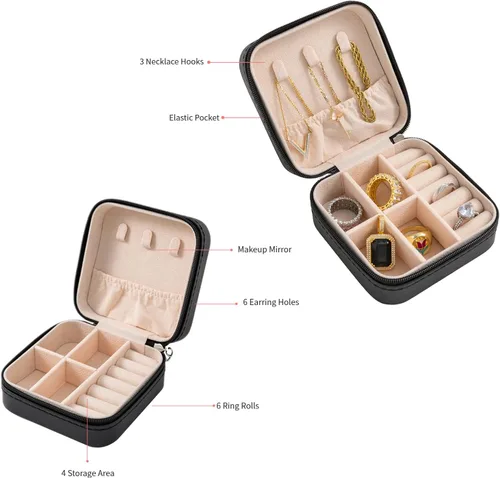 Miniatura 4 de KElofoN Organizador de joyas de viaje, joyero de viaje, caja organizadora de joyas pequeña para niñas y mujeres (negro)